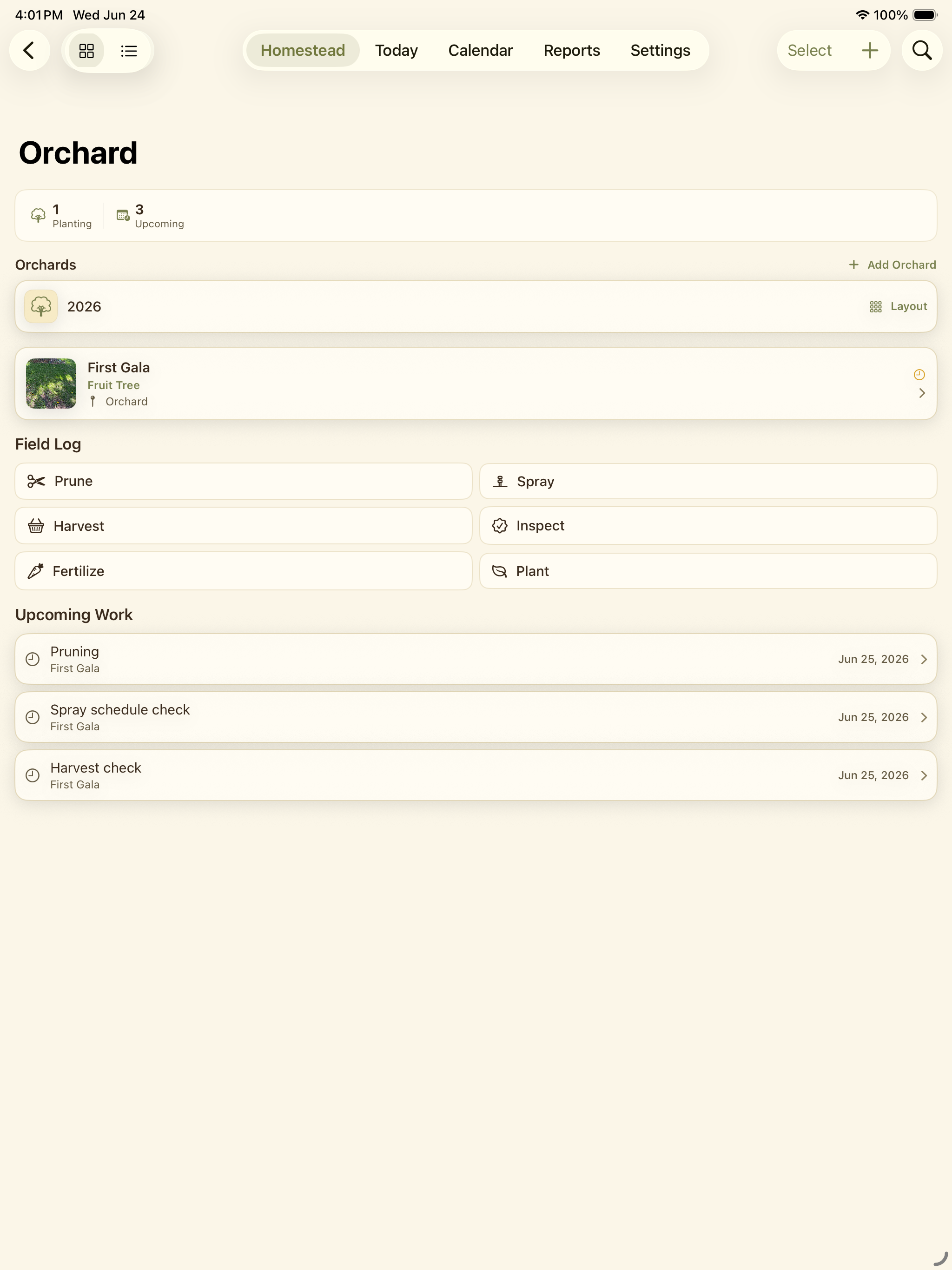 Orchard hub showing apple records, field log actions, upcoming work, and recent activity.